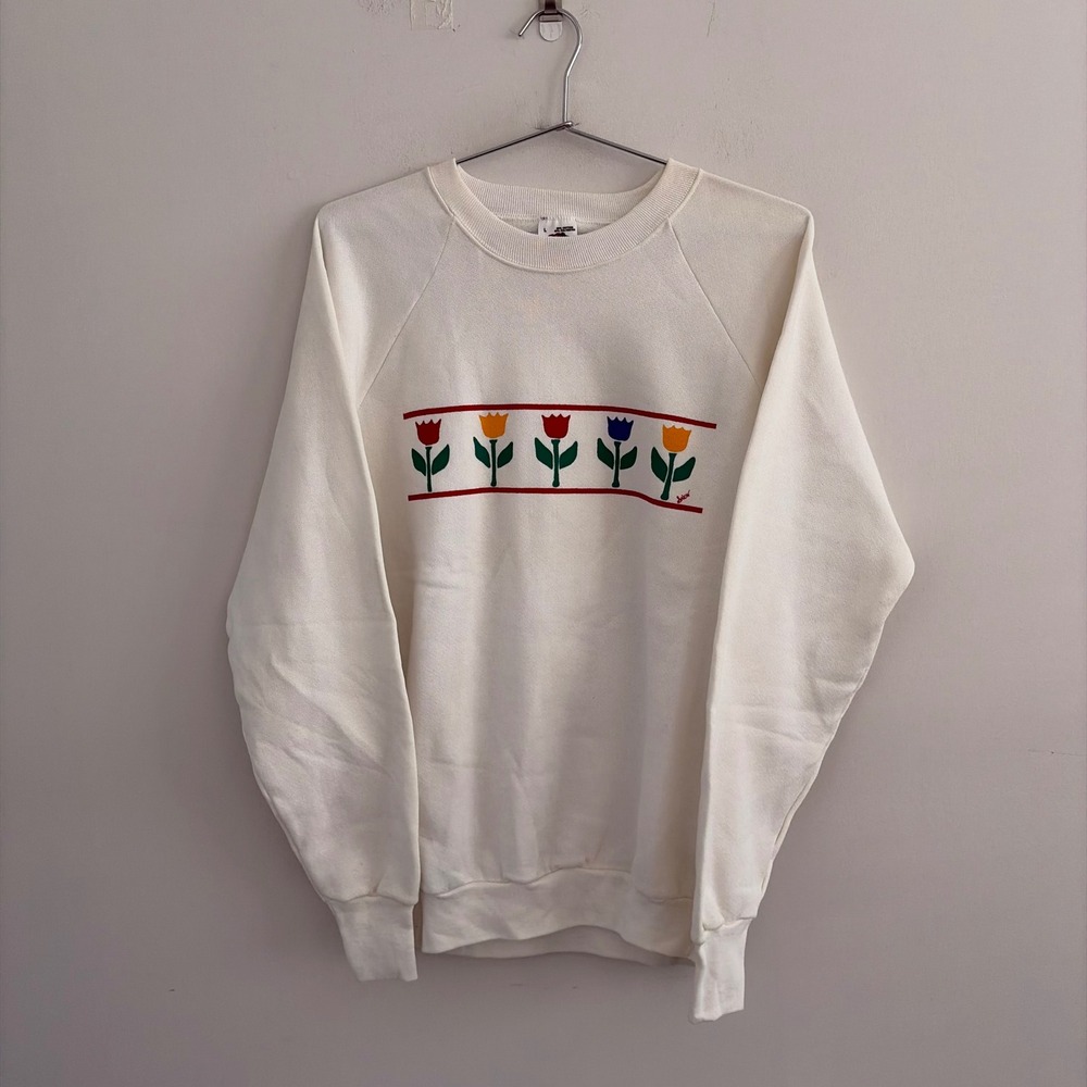 Vintage Fruit of the Loom Tulip Graphic Sweatshirt White Large Made in USA